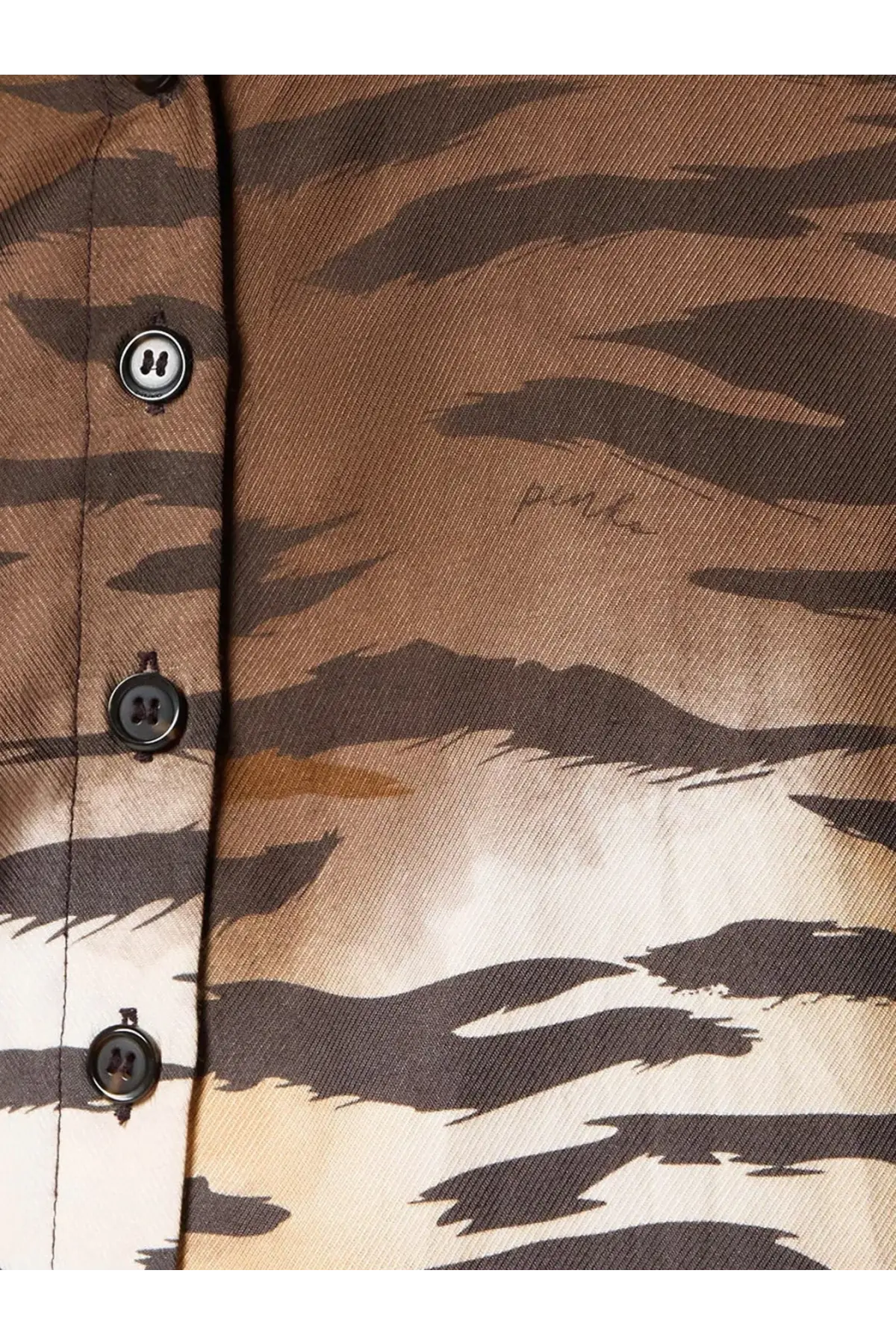 Pinko women’s Cordelia viscose shirt gold with brown and black tiger stripe pattern and subtle pink signature embroidery