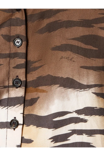 Pinko women’s Cordelia viscose shirt gold with brown and black tiger stripe pattern and subtle pink signature embroidery