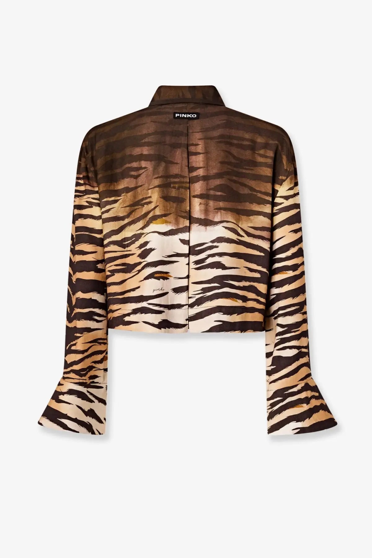 Pinko women’s Cordelia viscose shirt gold cropped blouse with dark brown to beige tiger stripe gradient and flared cuffs