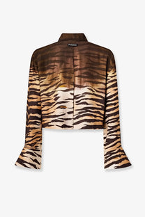 Pinko women’s Cordelia viscose shirt gold cropped blouse with dark brown to beige tiger stripe gradient and flared cuffs