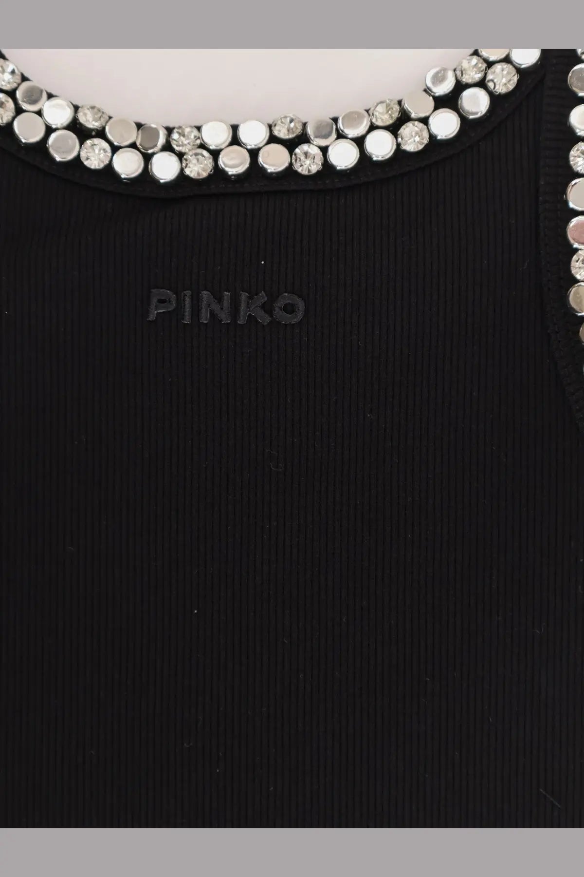 Pinko women’s Coriandoli cotton top black ribbed with a sparkling silver clear rhinestone collar and embroidered logo
