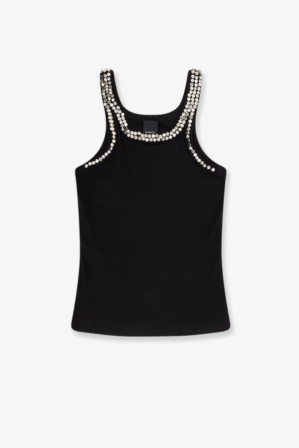 Pinko women’s Coriandoli black cotton sleeveless top with silver rhinestone embellishments on neckline and straps