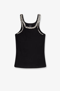 Pinko women’s Coriandoli black cotton sleeveless top with silver rhinestone embellishments on neckline and straps