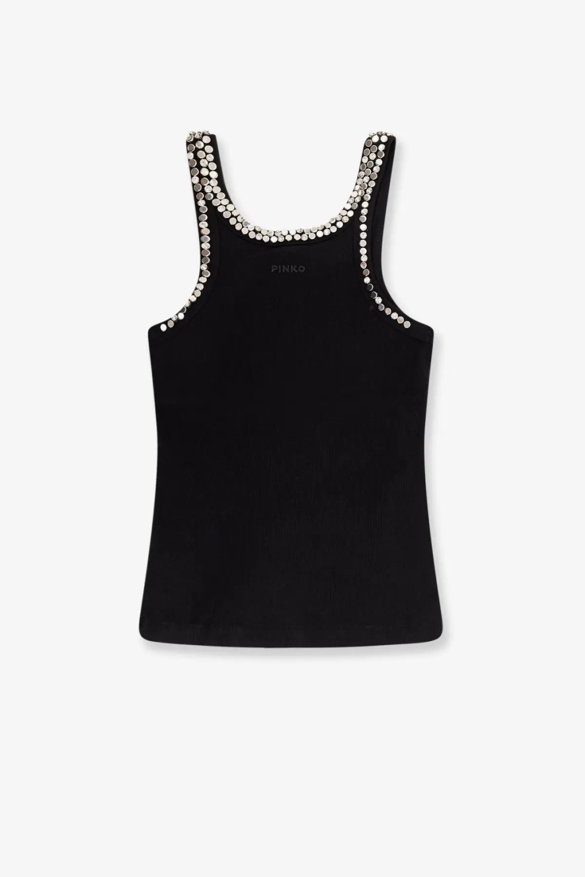 Pinko women’s Coriandoli black cotton sleeveless top with silver circular studs and subtle logo on the chest