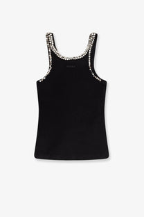 Pinko women’s Coriandoli black cotton sleeveless top with silver circular studs and subtle logo on the chest