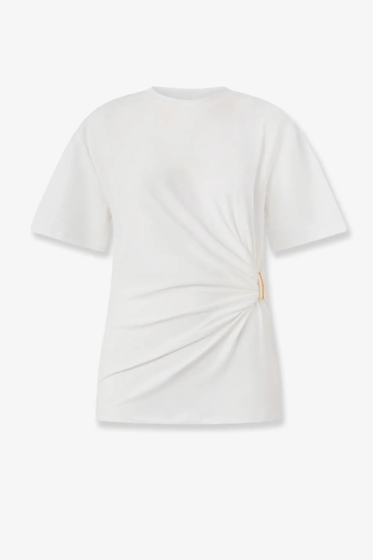 Pinko women’s white cotton blend mary shirt with short sleeves draped asymmetrical design and gold metal accent side