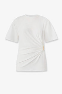 Pinko women’s white cotton blend mary shirt with short sleeves draped asymmetrical design and gold metal accent side