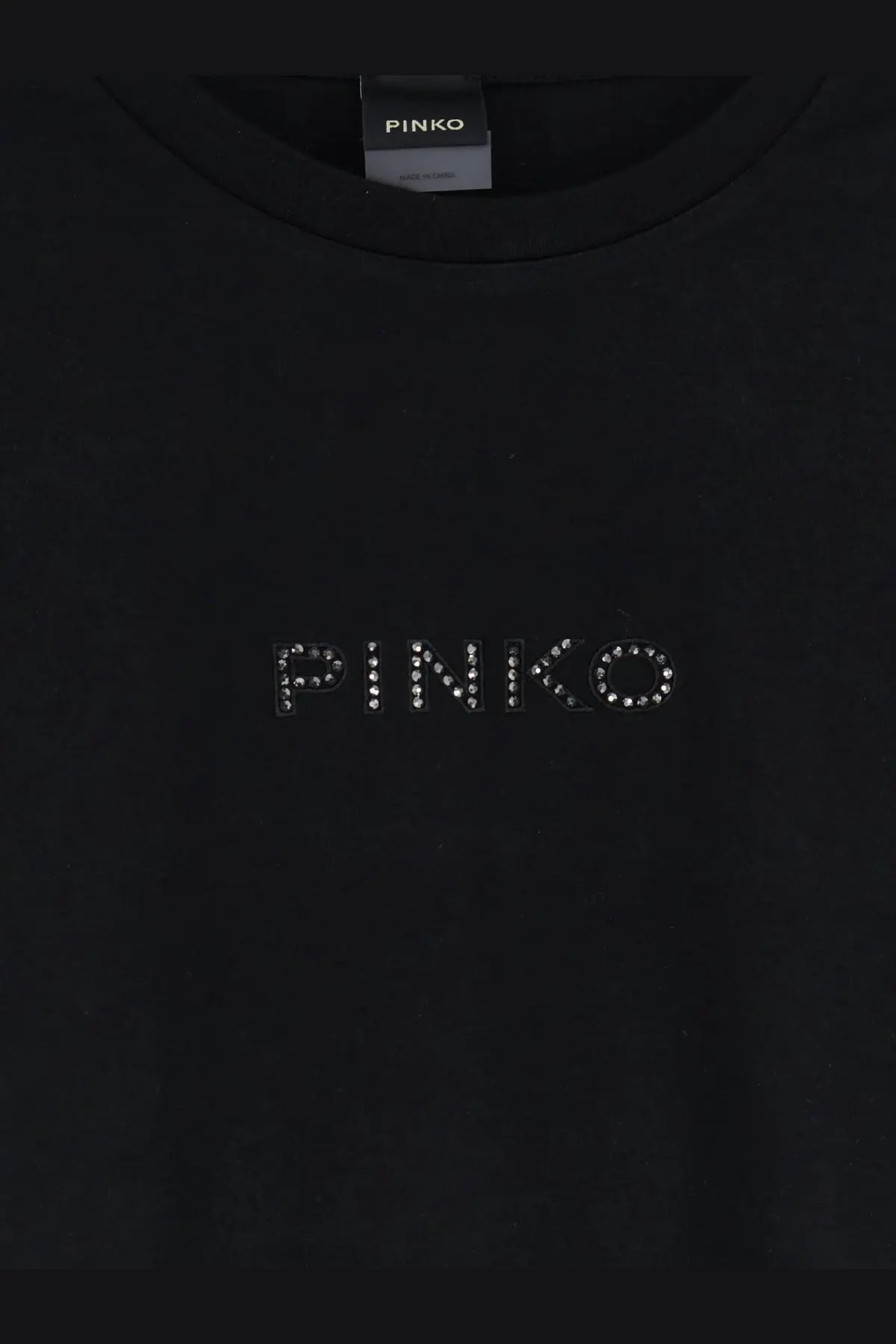Pinko women’s black cotton t shirt with brand name embroidered in sparkling rhinestones across the chest