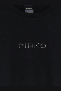Pinko women’s black cotton t shirt with brand name embroidered in sparkling rhinestones across the chest