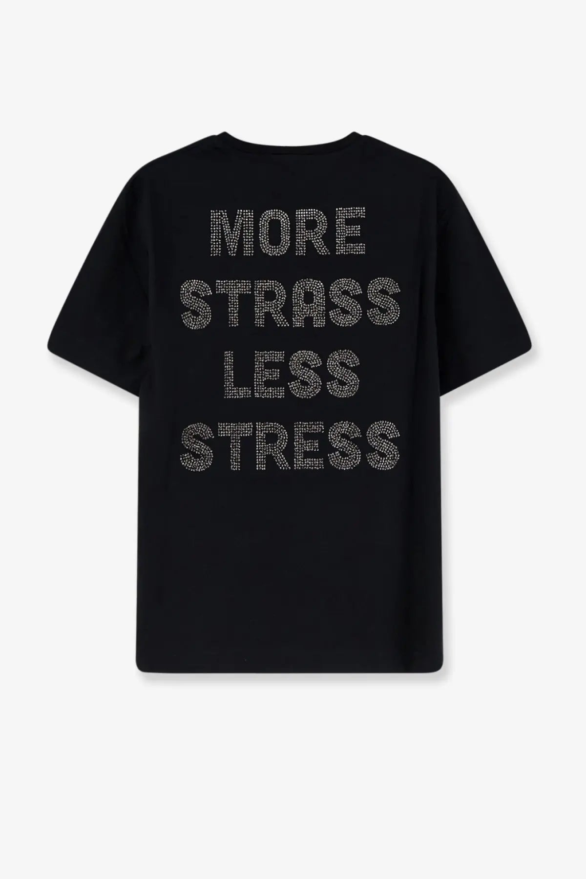 Back of pinko women’s black cotton t-shirt with more strass less stress spelled out in sparkling rhinestones