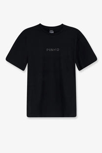 Pinko women’s black cotton t-shirt with a subtle sparkling pinko logo embroidered across the chest