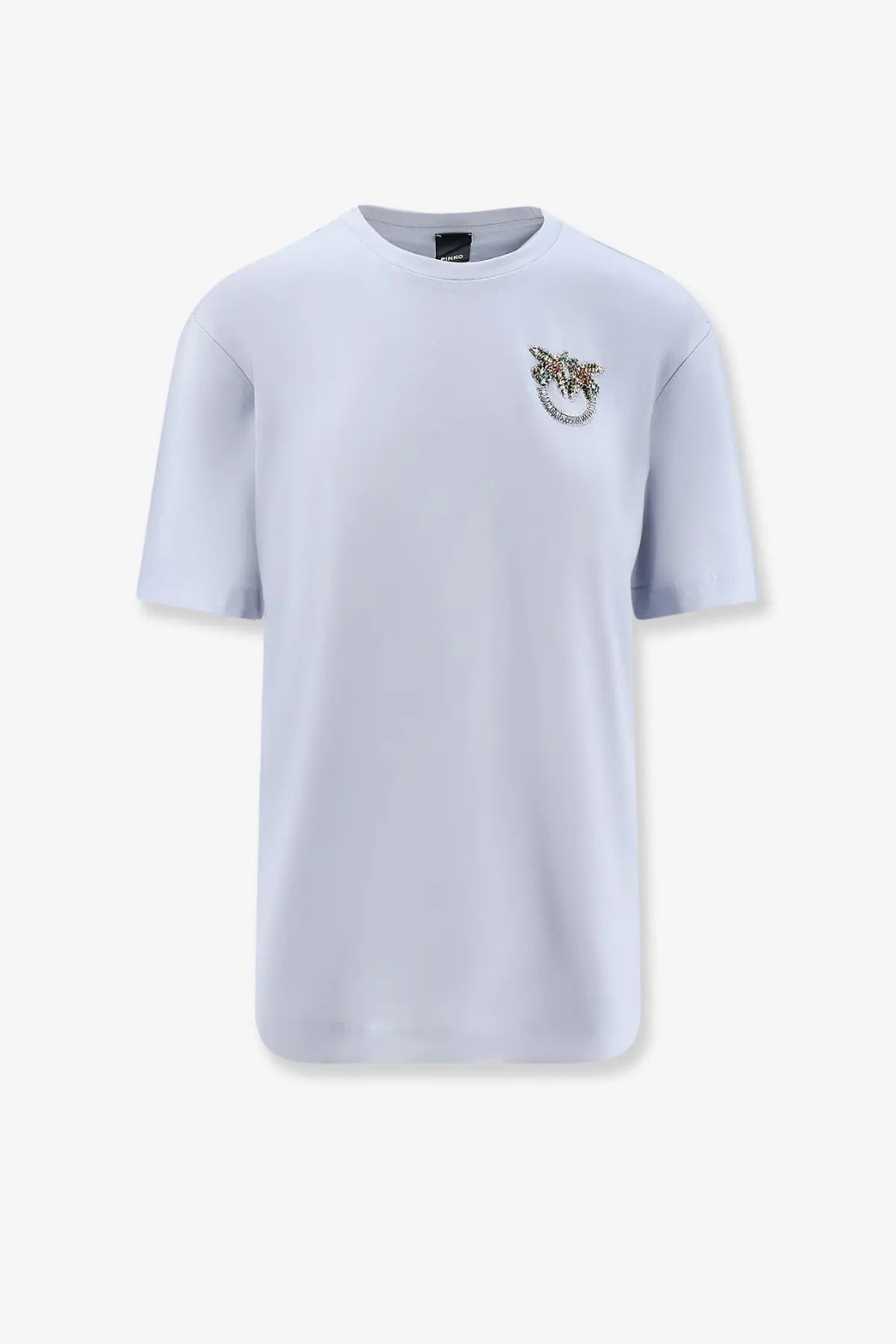 Pinko women’s light gray cotton short-sleeved t-shirt with sparkling embellished logo on left chest