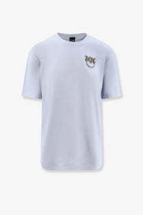 Pinko women’s light gray cotton short-sleeved t-shirt with sparkling embellished logo on left chest