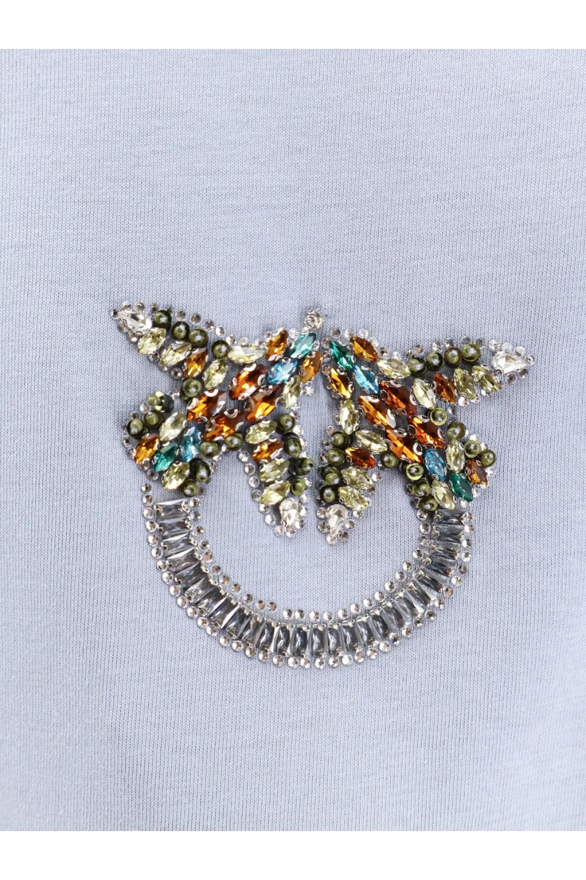 Pinko women’s blue cotton shirt with a sparkling multicolored beaded butterfly appliqué and silver metallic accents