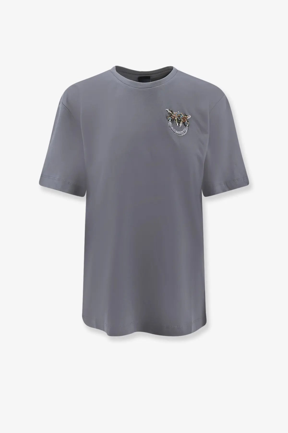 Pinko women’s grey cotton short-sleeved t-shirt with a detailed embellished logo on the left chest