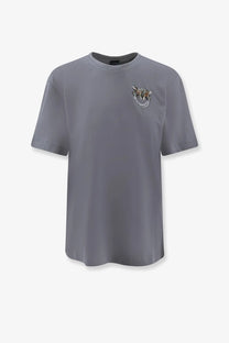Pinko women’s gray short-sleeved cotton t-shirt with detailed embellished logo on the left chest
