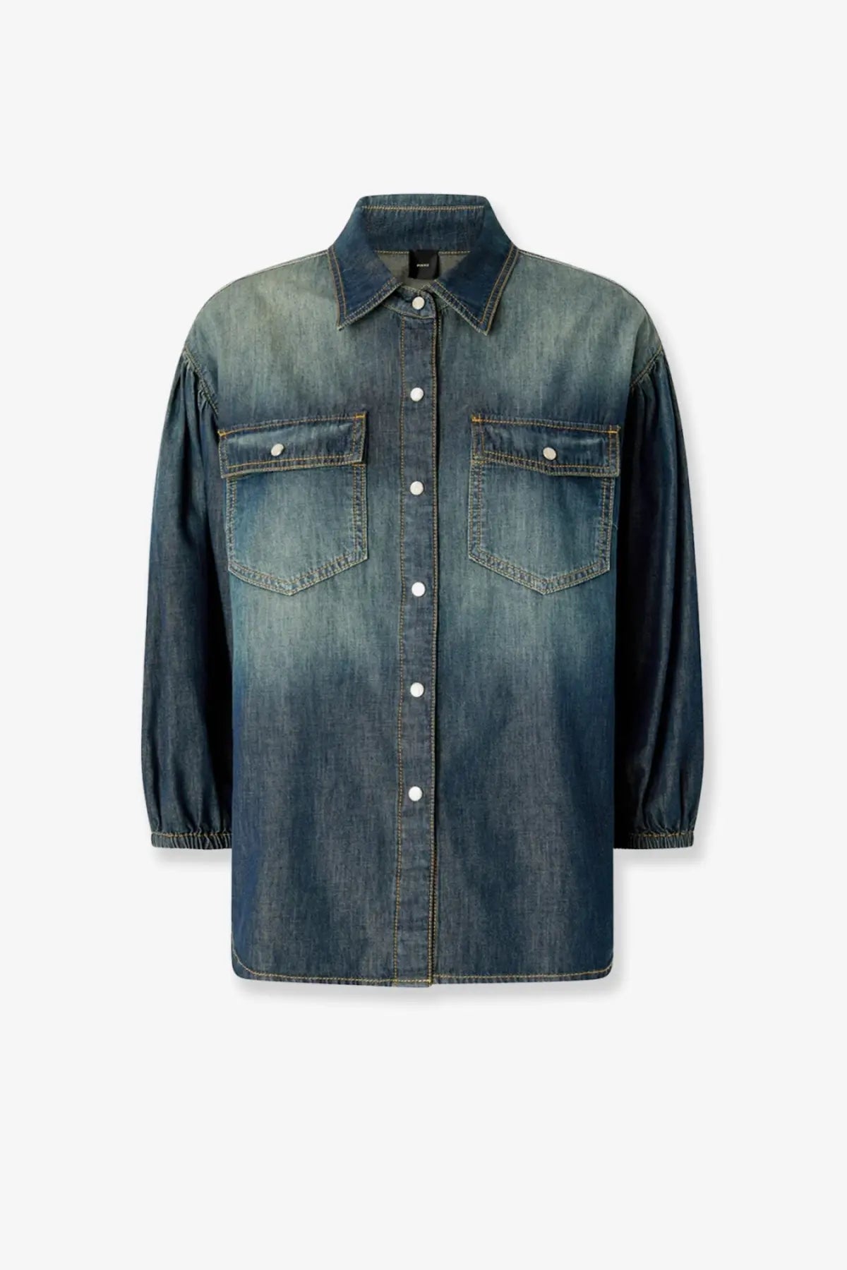 Pinko women’s danae light denim shirt bronze with faded blue wash, two front pockets, and white buttons