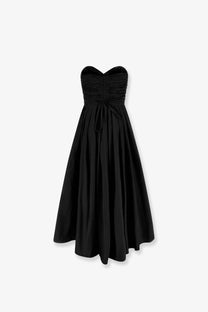 Pinko women’s dattero black satin strapless midi dress with ruched bodice and gathered waist