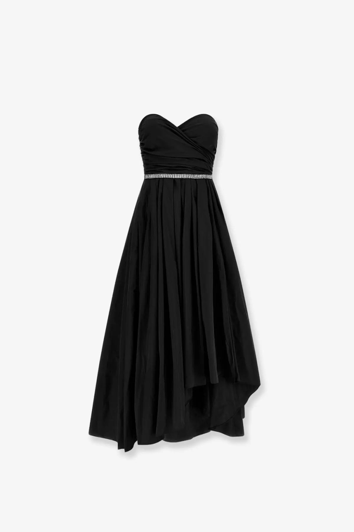Pinko women’s Dattero black taffeta dress with a black strapless ruched bodice and silver beaded belt