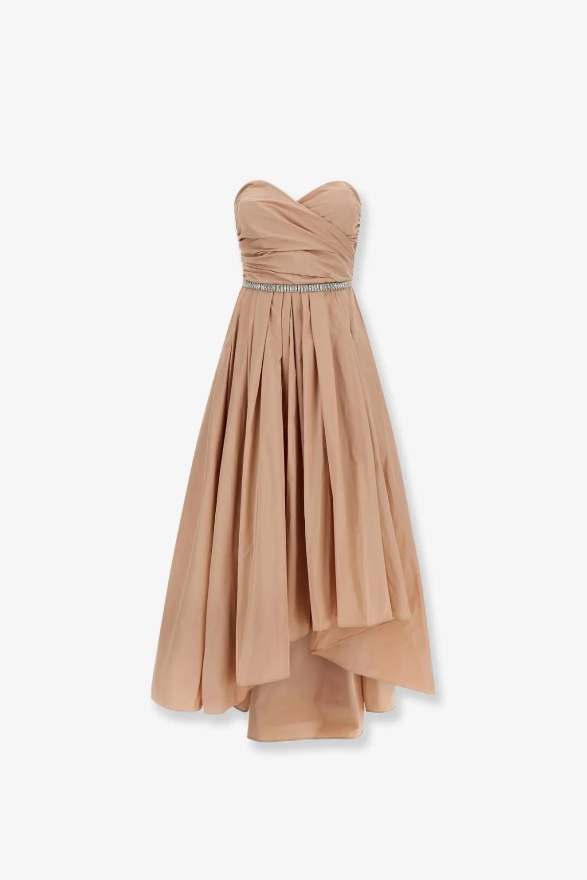 Pinko women’s dattero taffeta dress pink strapless chiffon gown with draped bodice asymmetrical hem and silver belt