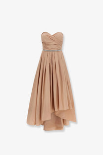 Pinko women’s dattero taffeta dress pink strapless chiffon gown with draped bodice asymmetrical hem and silver belt