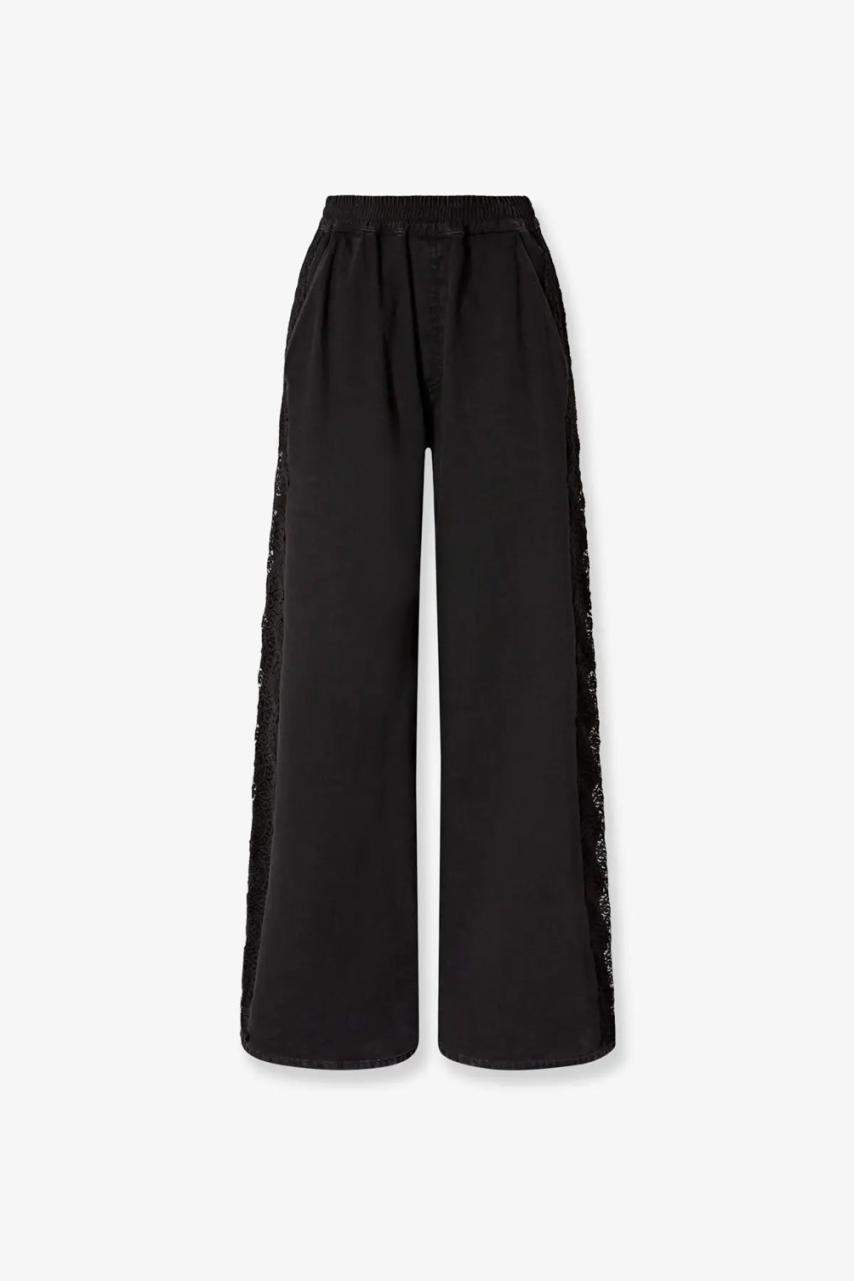 Black wide-leg denim trousers by Pinko featuring sheer lace trim along the outer seams for women