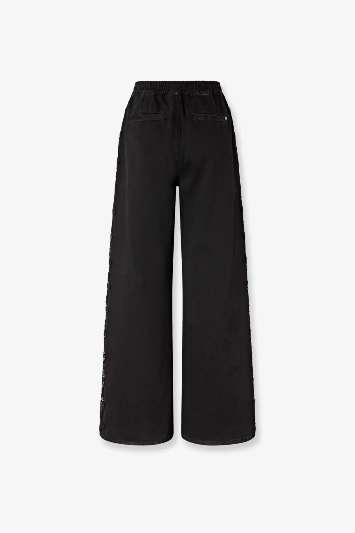 Pinko women’s black denim trousers with wide legs, elastic waistband, and sequin side panels for stylish comfort