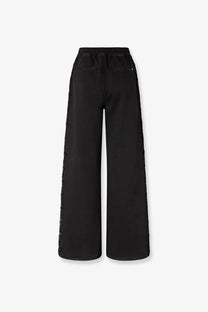 Pinko women’s black denim trousers with wide legs, elastic waistband, and sequin side panels for stylish comfort
