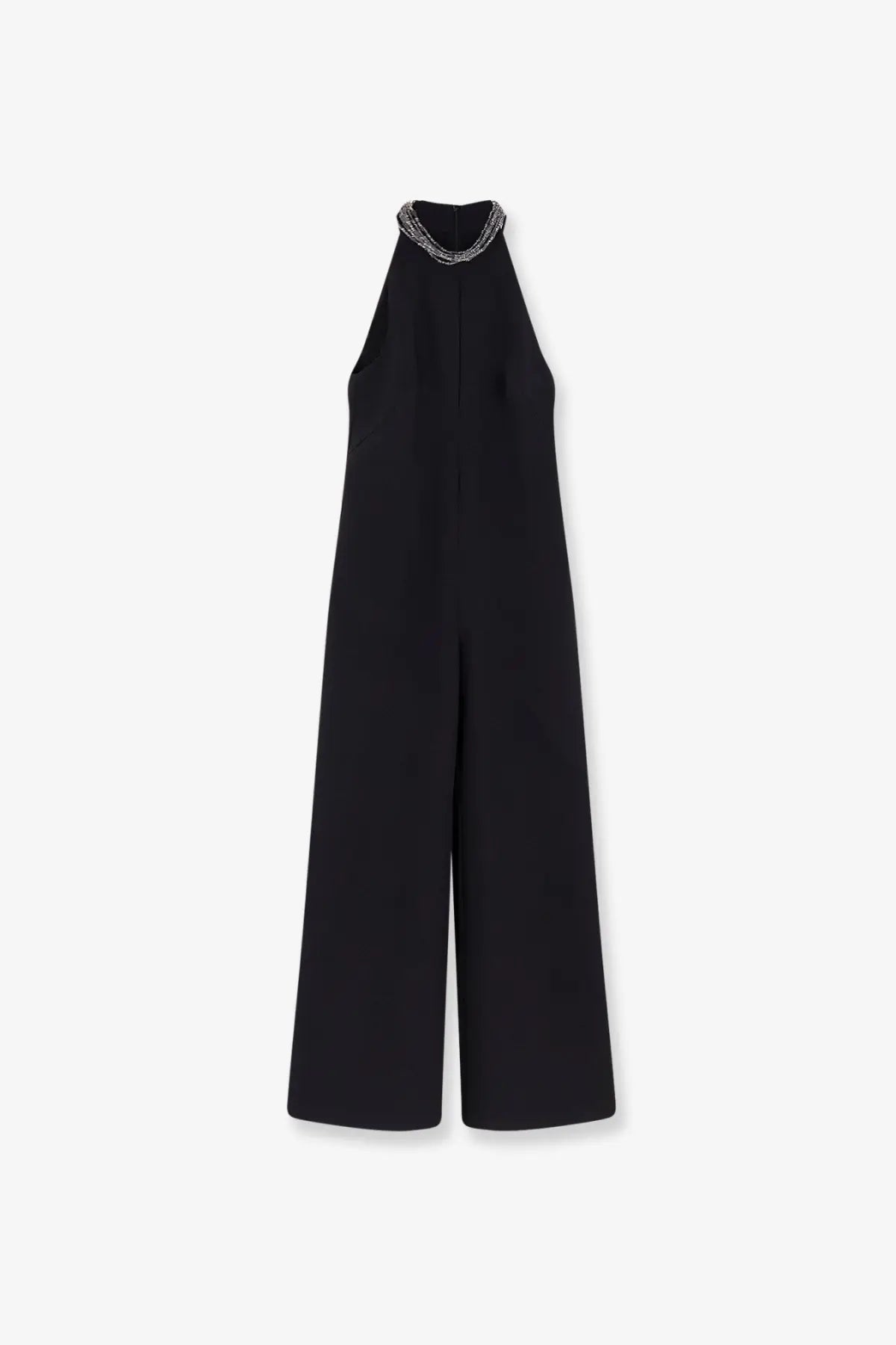 Pinko women’s black halter-neck jumpsuit with delicate silver chain detail at the neckline perfect for stylish occasions