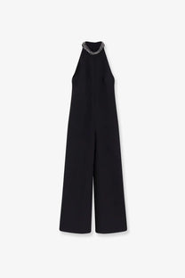 Pinko women’s black halter-neck jumpsuit with delicate silver chain detail at the neckline perfect for stylish occasions