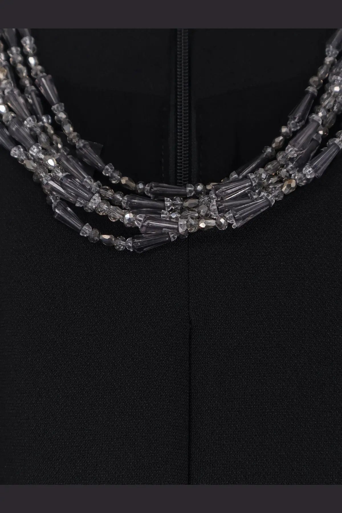 Multi-strand necklace with clear gray crystal beads and metallic accents paired with pinko women’s dragon fruit jumpsuit black
