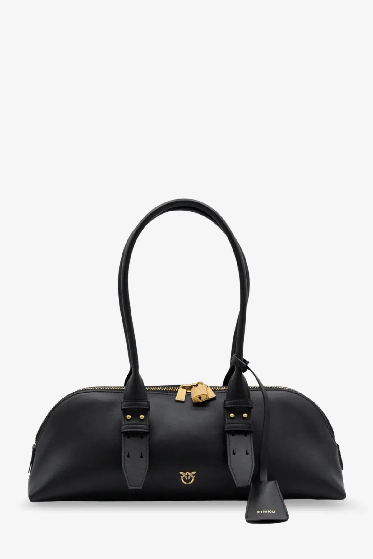 Pinko womens escape bag black leather shoulder handbag with gold-tone hardware and distinctive lock closure