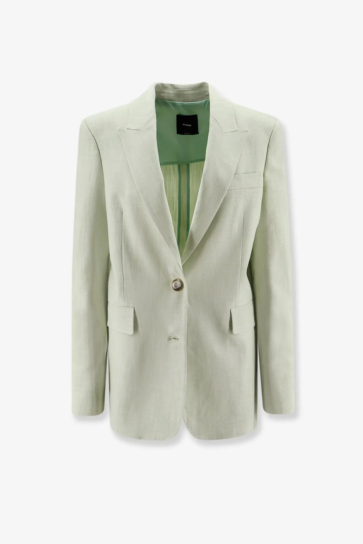 Pinko women’s faith viscose blend blazer in pale green with subtle textured weave and matching button closure