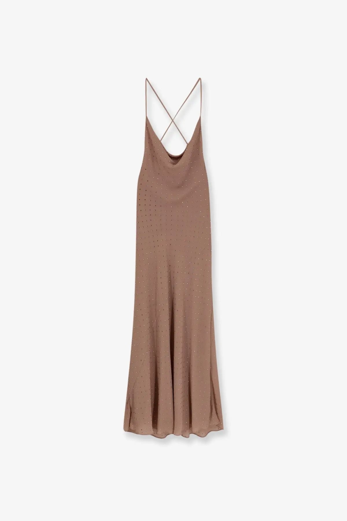Pinko women’s Farro long dress in taupe satin with delicate crisscross straps and subtle sparkling embellishments