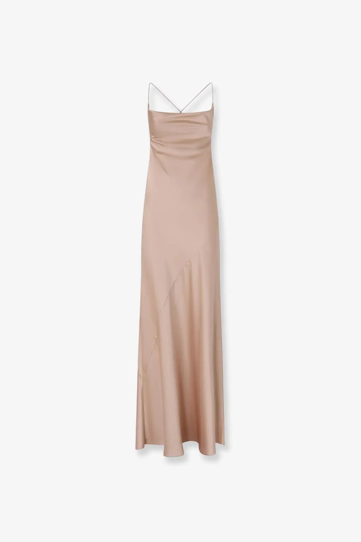 Pinko women’s farro satin long dress in beige with delicate crossed shoulder straps and a sleek floor-length design