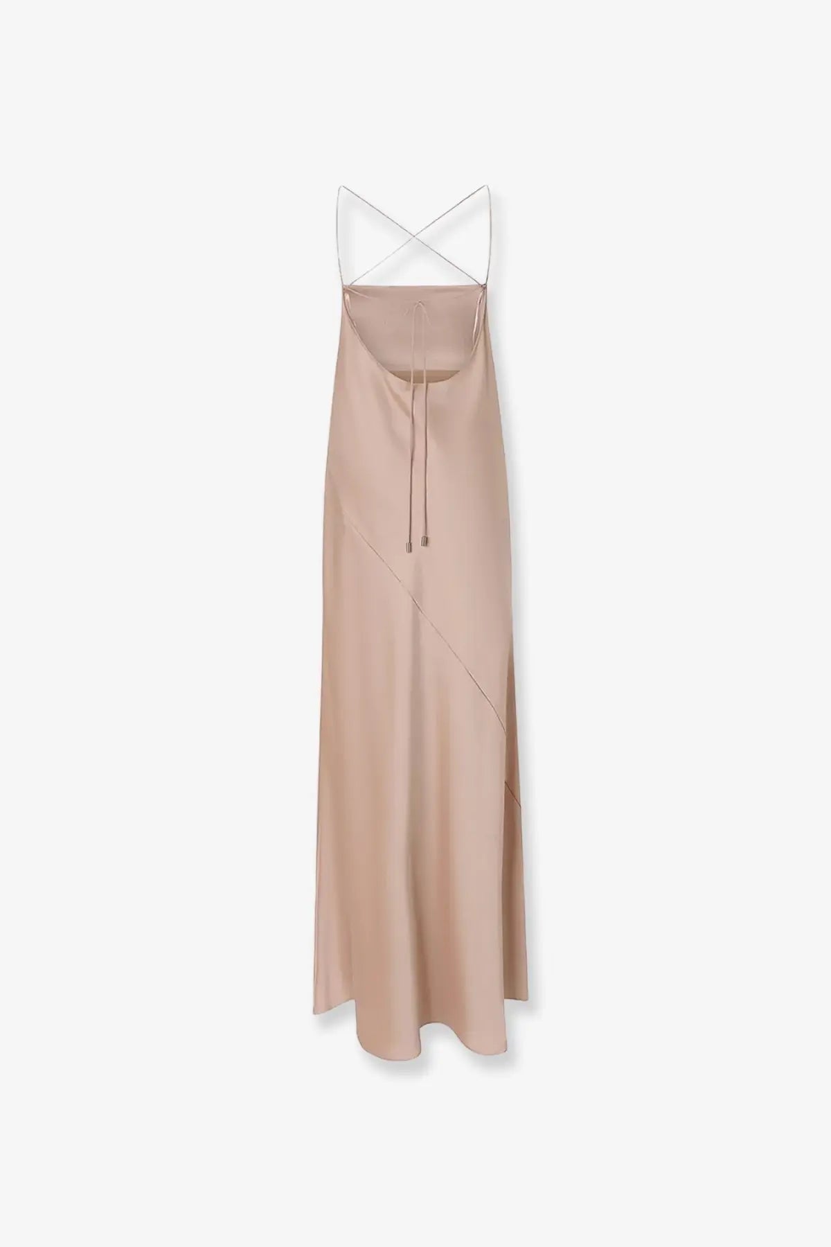 Pinko women’s Farro satin long dress in nude with a minimalist cross-back design and diagonal seam detailing shown from back
