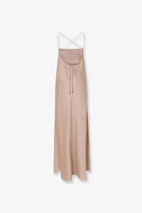 Pinko women’s Farro satin long dress in nude with a minimalist cross-back design and diagonal seam detailing shown from back