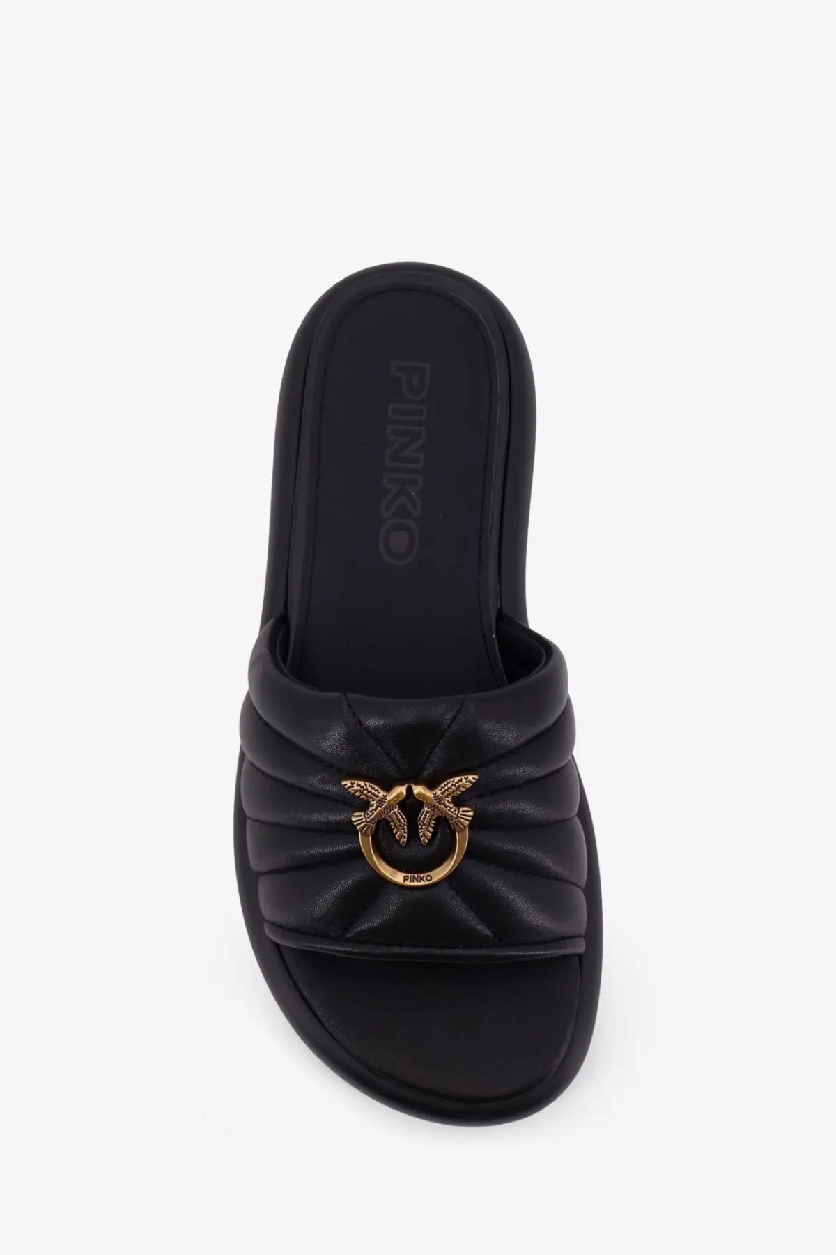 Pinko women’s Fiona low black leather slide sandal with quilted design and gold-tone bird clasp featuring Pinko branding