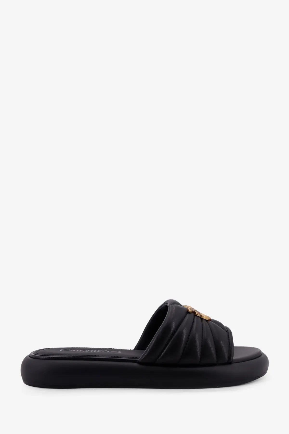 Pinko women’s Fiona low leather sandals in black featuring a black satin slide design with gold-toned medusa head clasp