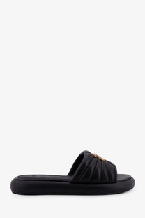 Pinko women’s Fiona low leather sandals in black featuring a black satin slide design with gold-toned medusa head clasp