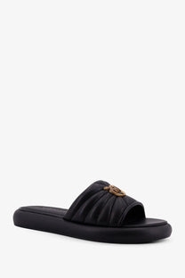 Black leather slide sandal with gold-tone medusa head clasp from pinko women’s fiona low leather sandals black