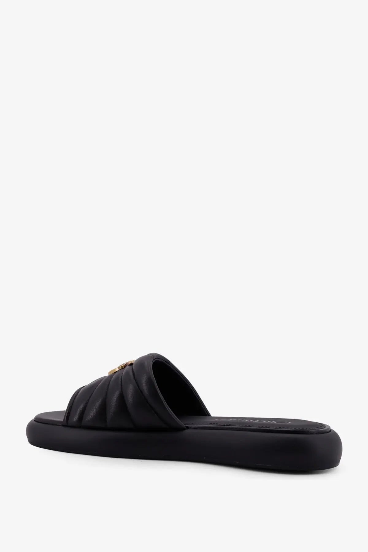 Pinko women’s Fiona low black leather slide sandal with quilted strap and gold-tone logo accent