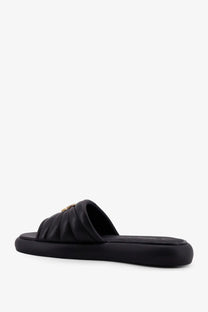 Pinko women’s Fiona low black leather slide sandal with quilted strap and gold-tone logo accent