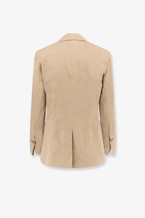 Beige linen blazer with classic tailored fit and subtle texture from pinko womens freda linen and viscose collection