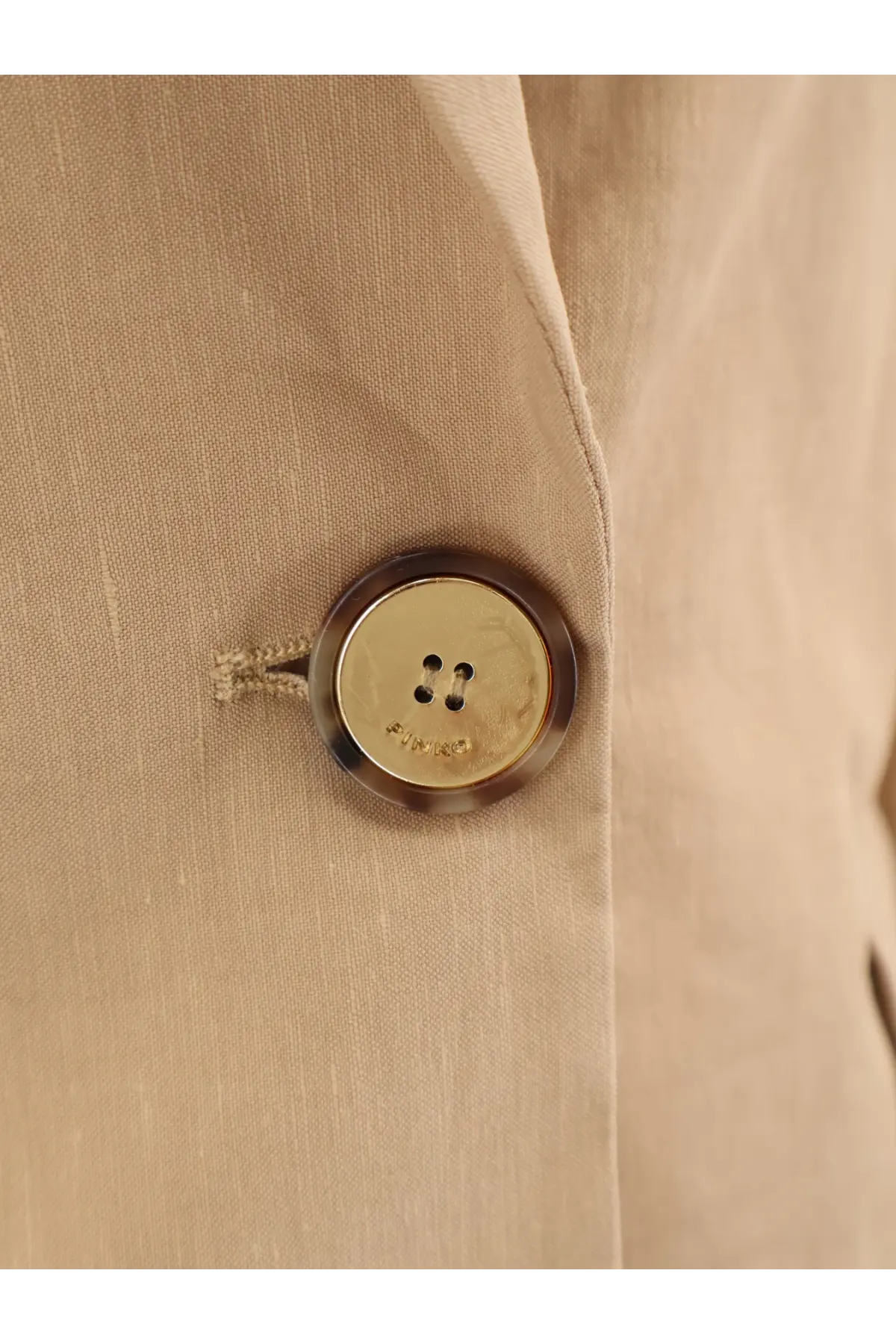 A pinko women’s freda linen and viscose beige blazer with a gold-toned button and tortoiseshell rim sewn on the fabric