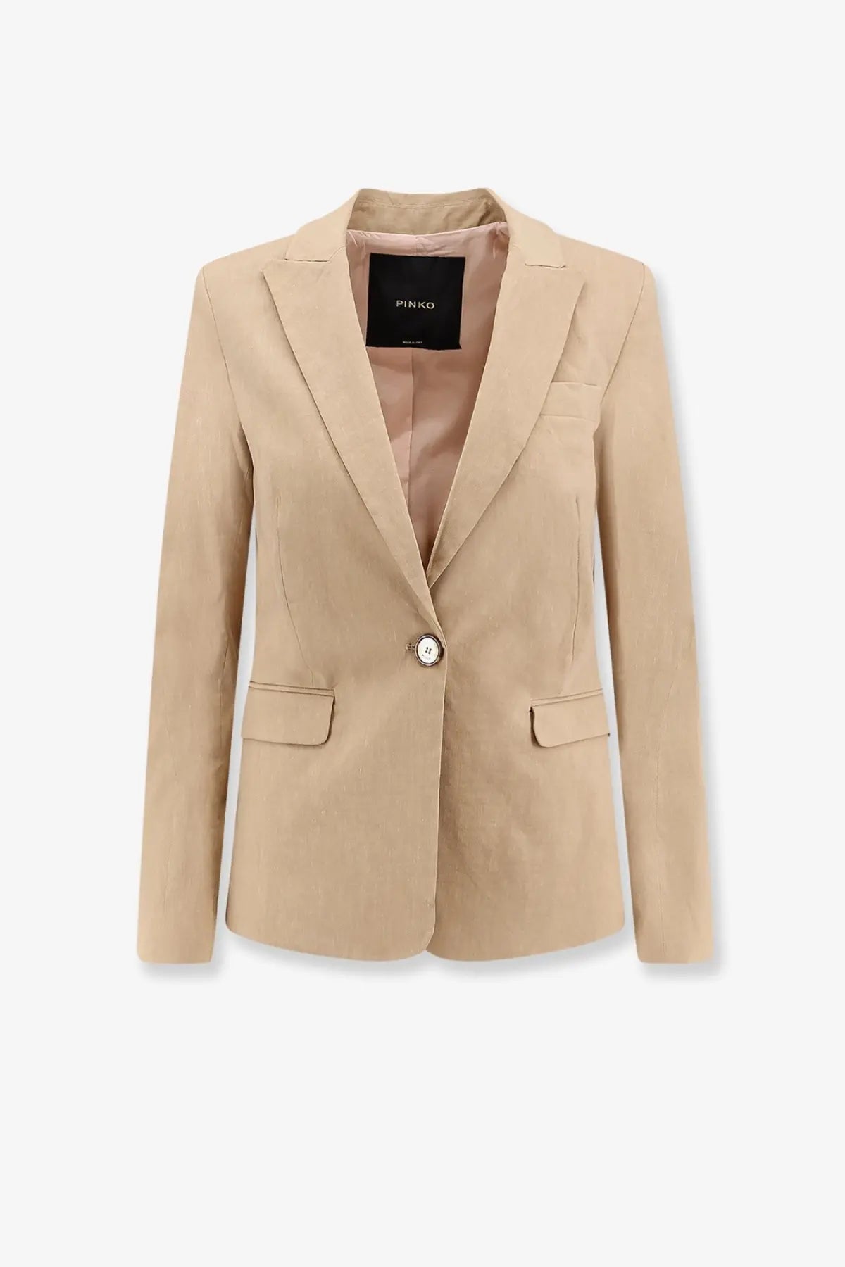 Beige pinko women’s freda blazer with single button closure two front flap pockets in linen and viscose blend