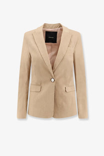 Beige pinko women’s freda blazer with single button closure two front flap pockets in linen and viscose blend