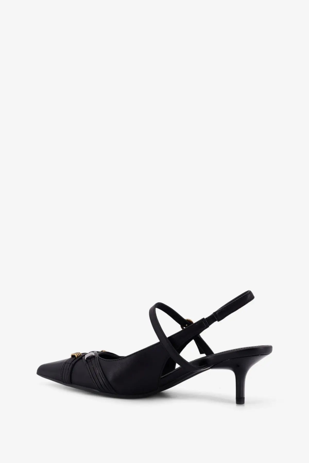 Black satin slingback pump with pointed toe and gold-tone buckle detail from Pinko women’s Gloria leather pumps black collection