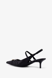 Black satin slingback pump with pointed toe and gold-tone buckle detail from Pinko women’s Gloria leather pumps black collection
