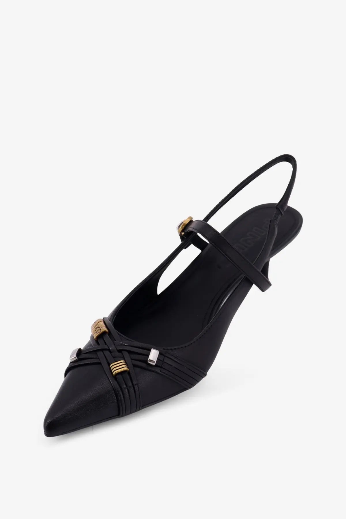 Pinko women’s Gloria black leather slingback pump with gold-tone and silver hardware accents
